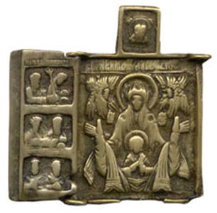 Створки трех створчатых створцов (центральная и левая). Богоматерь Знамение с парными полуфигурами святых в три ряда