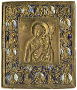 Богоматерь Тихвинская с изображениями святых  в медальонах на полях