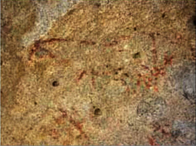 в 2км к ССВ от аула Теректы (Алексеевка) в скальном навесе из светлого гранита обнаружены рисунки, выполненные красной, желтой и черной охрой